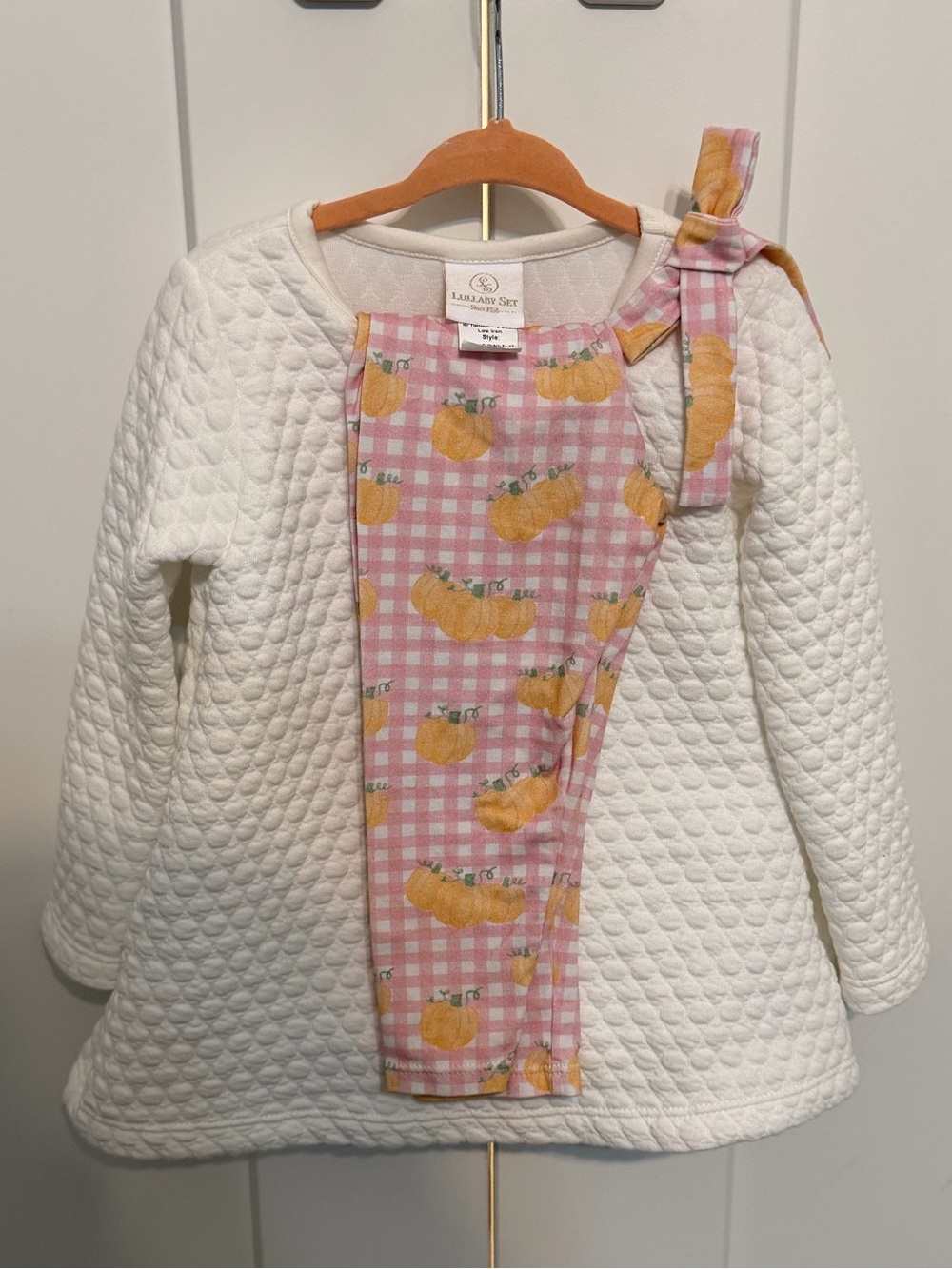 Girls 2T Lullaby Set White quilted tunic top with pink gingham pumpkin leggings